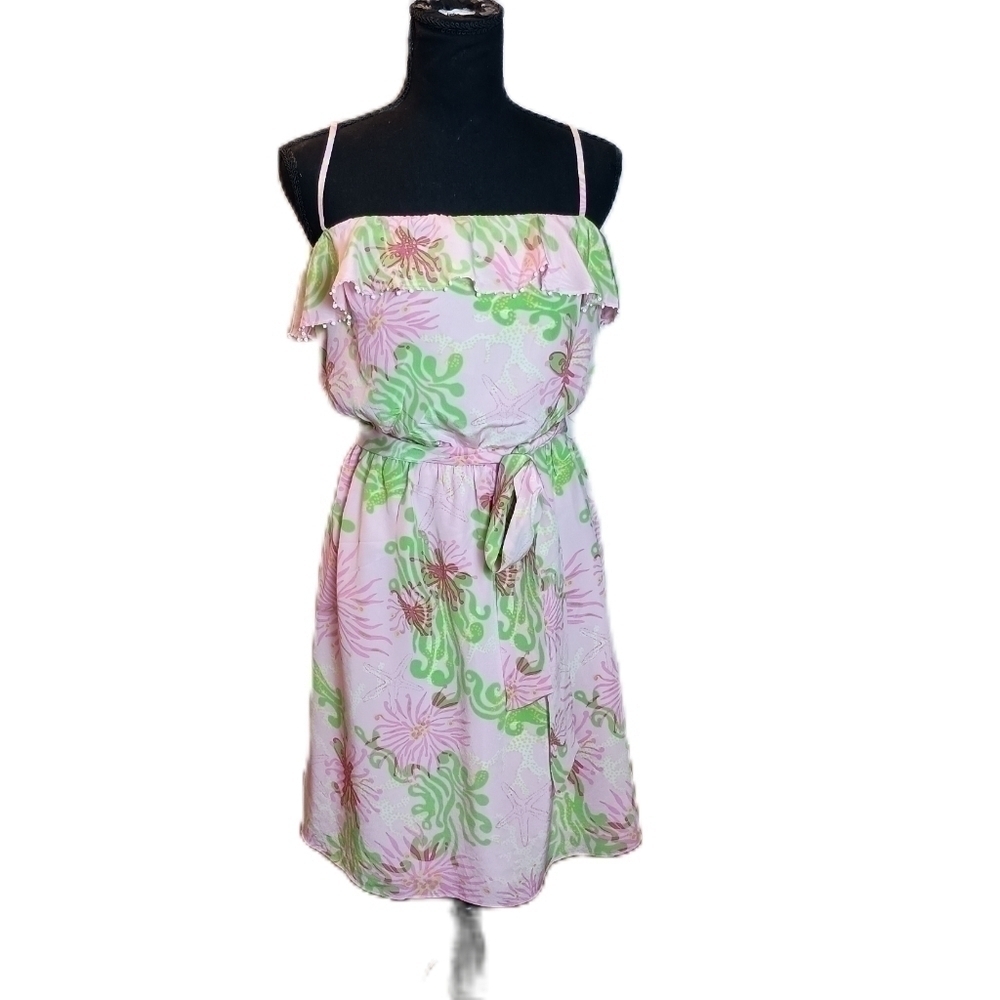 Lilly Pulitzer Floral Silk Cocktail Dress Pom Pom Details Ruffle Neckline SZ 4